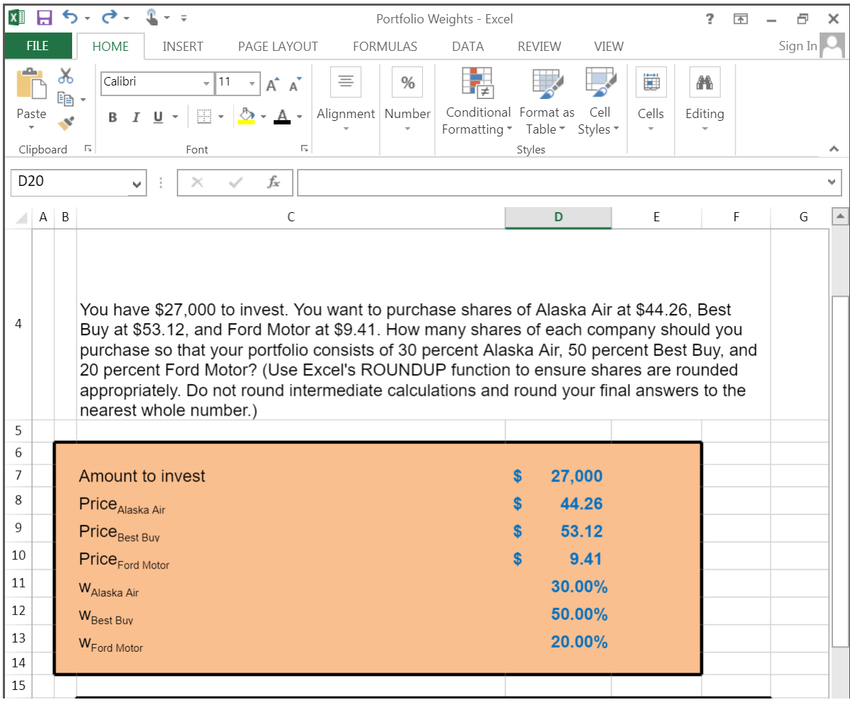  Portfolio Weights - Excel ? * - Sign In FILE HOME