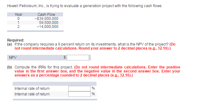  Howell Petroleum, Inc., is trying to evaluate a generation project with