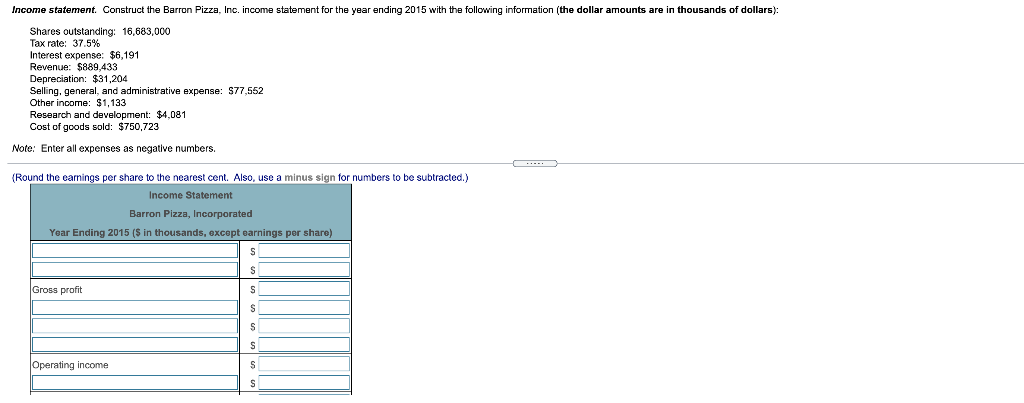 Income statement. Construct the Barron Pizza, Inc. income statement for the