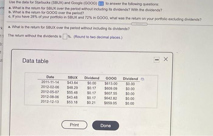 re Use the data for Starbucks (SBUX) and Google (GOOG) I