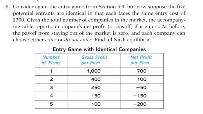  6. Consider again the entry game from Section 5.3, but now