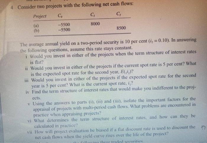  Consider two projects with the following net cash flows: The average