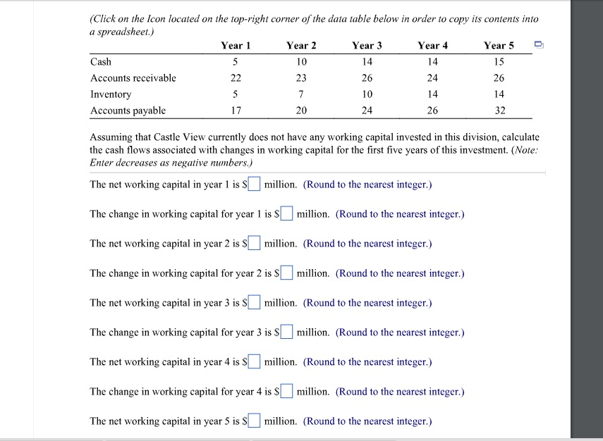  Assuming that Castle View currently does not have any working capital
