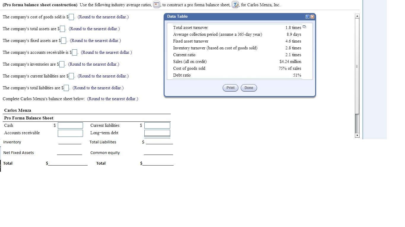  Use the following industry average ratios, to construct a pro forma