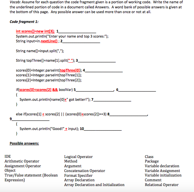  PLEASE HELP. JAVA PROGRAM. THANKS Vocab: Assume for each question the