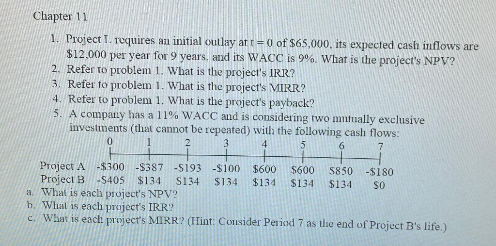 1. Chapter 11 1. Project L requires an initial outlay at t