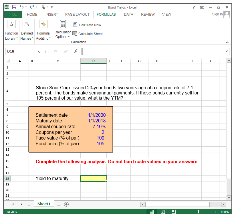 How do you work this problem? Bond Yields Excel FILE HOME