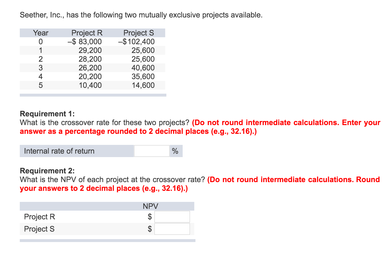 Seether, Inc., has the following two mutually exclusive projects available. What