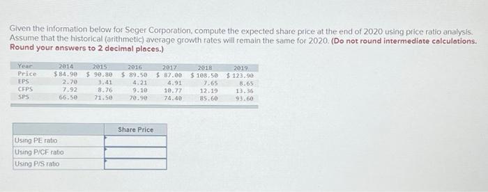  Given the information below for Seger Corporation, compute the expected share