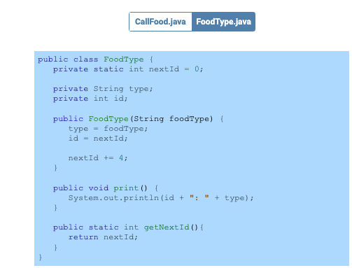 trouble figuring out the call food.java as it need the food type.java