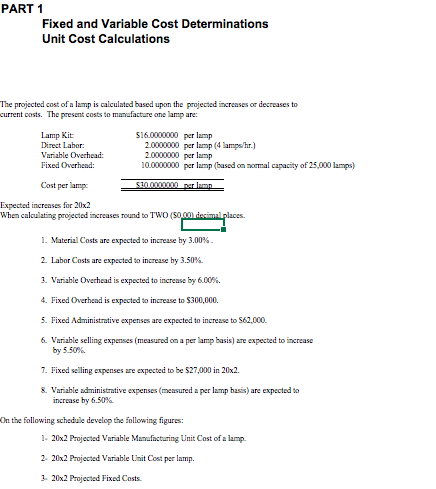 PART 1 Fixed and Variable Cost Determinations Unit Cost Calculations The