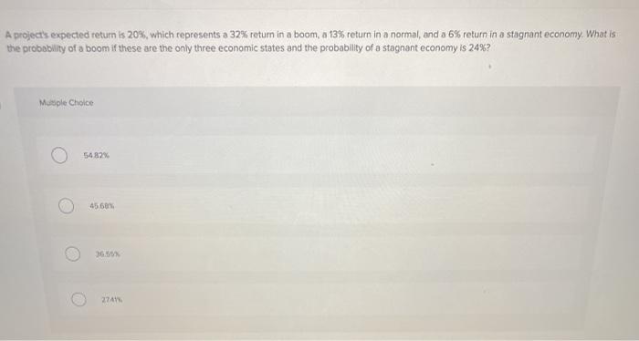  A project's expected return is 20%, which represents a 32% return