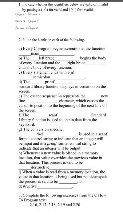  1. Indicate whether the identifiers below are valid or invalid by