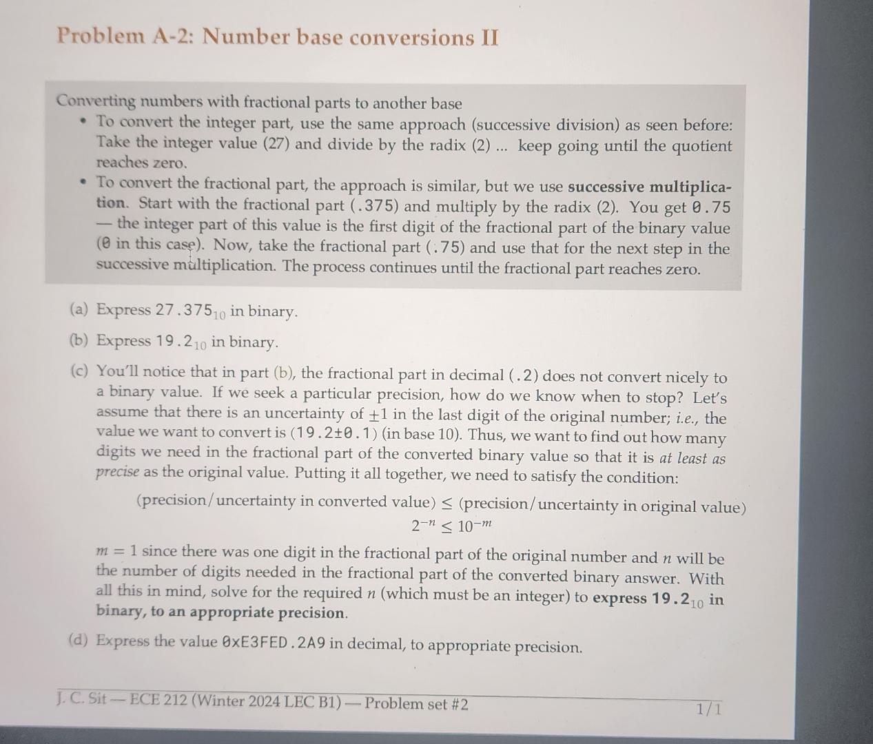  Problem A-2: Number base conversions II Converting numbers with fractional parts