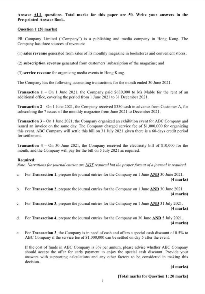 Answer ALL questions. Total marks for this paper are 50. Write