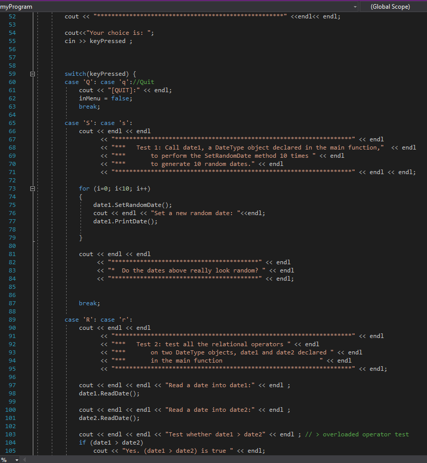 (unsigned int)time NULL); 14 15 DateType datel, date2; ofstream fout; ifstream fin;