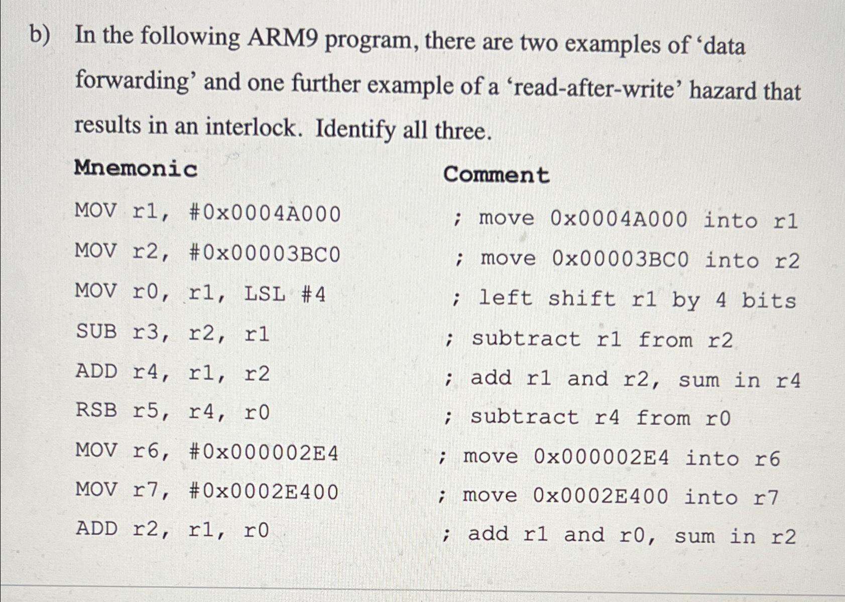  b) In the following ARM9 program, there are two examples of