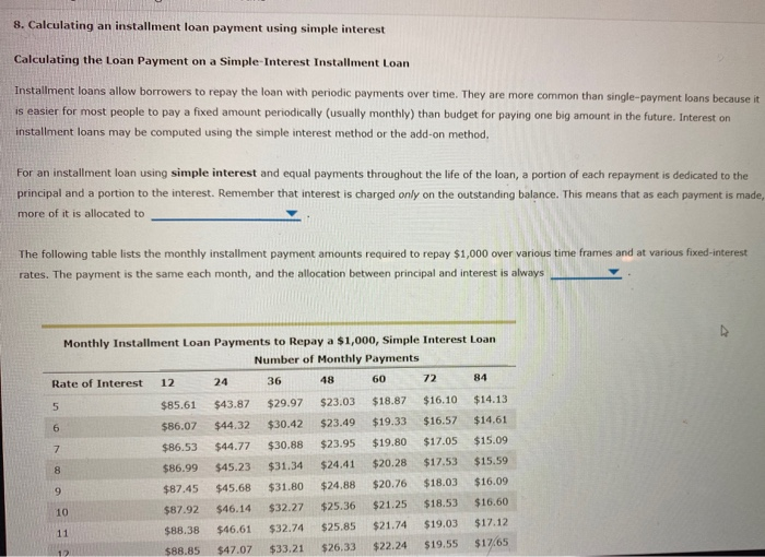  8. Calculating an installment loan payment using simple interest Calculating the