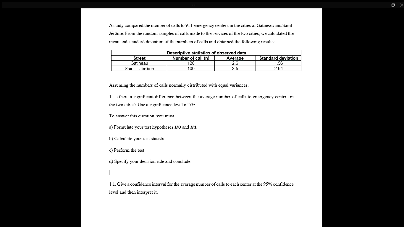 statistical methods X A study compared the number of calls to 911