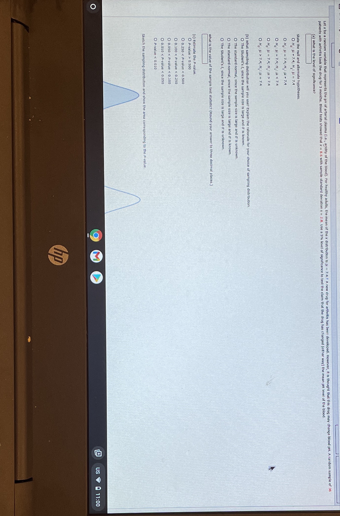  Let x be a random variable that represents the PH of