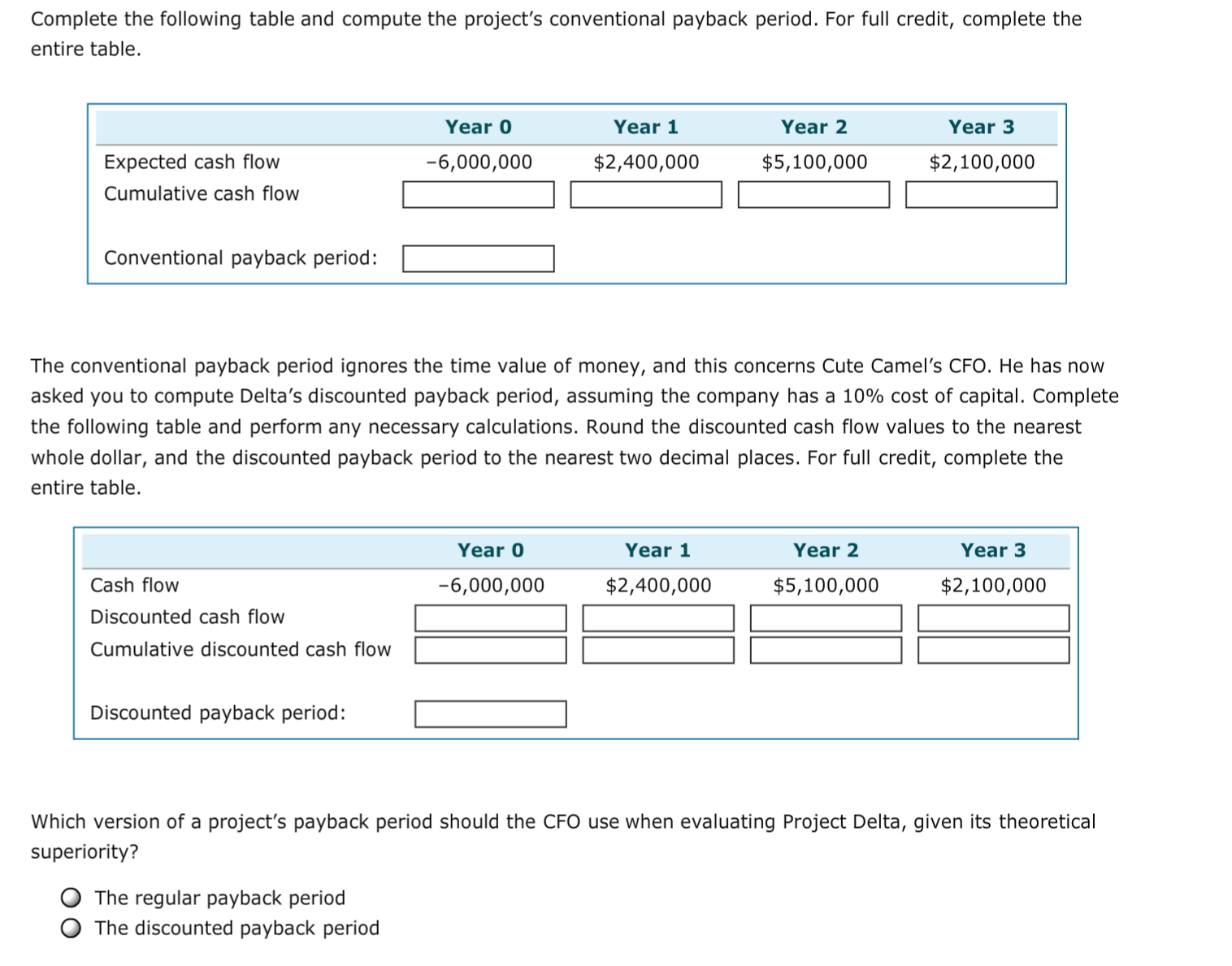 Complete the following table and compute the project's conventional payback period.