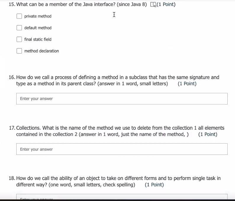  private method default method final static field method declaration 16. How