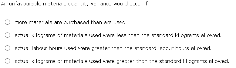 An unfavourable materials quantity variance would occur if more materials are