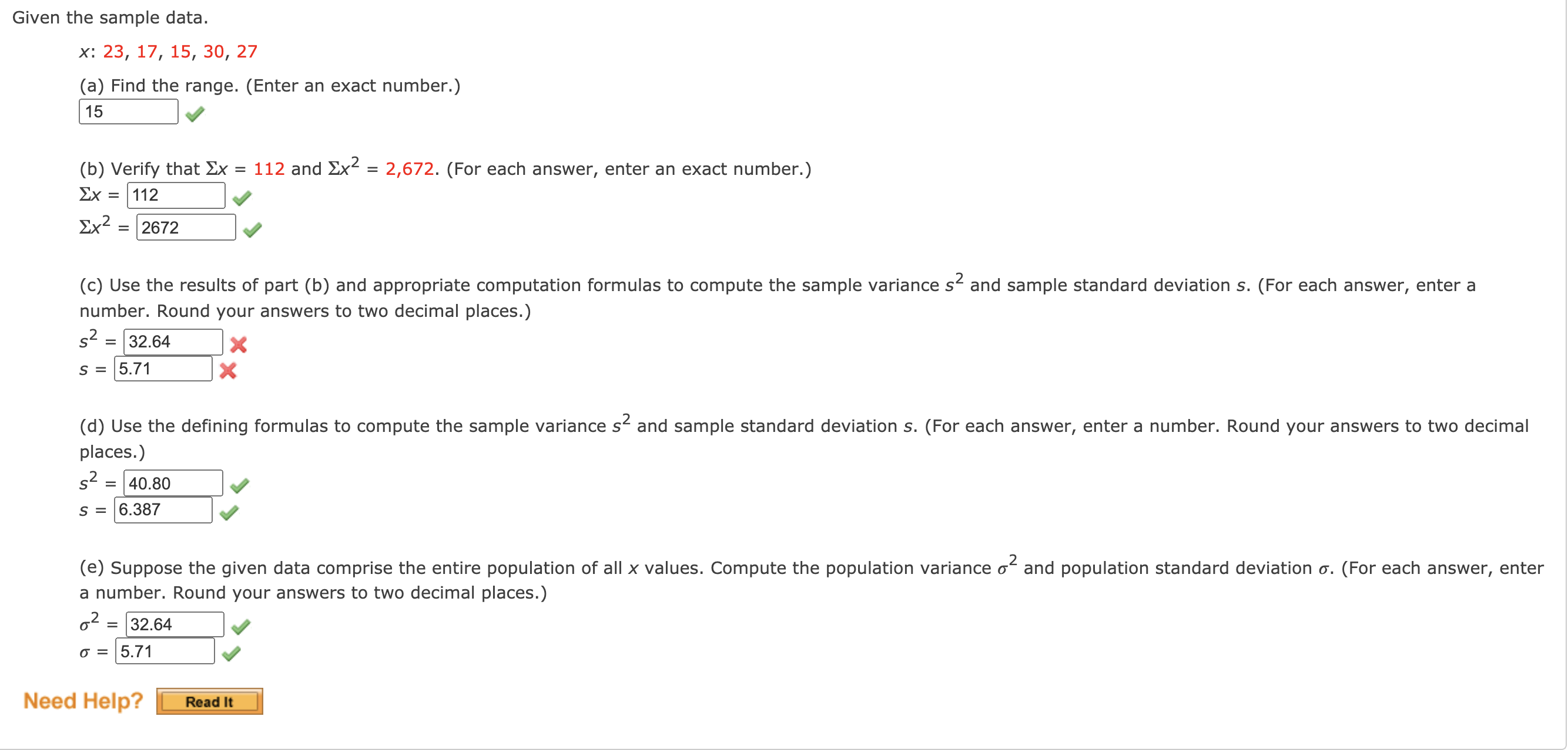  Given the sample data. x: 23, 17, 15, 30, 27 (a)