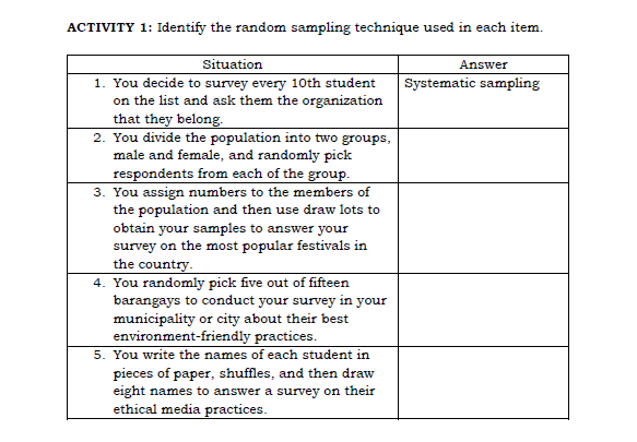 ACTIVITY 1: Identify the random sampling technique used in each item.