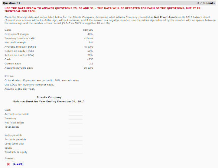  USE THE DATA BELOW TO ANSWER QUESTIONS 29, 30 AND 31