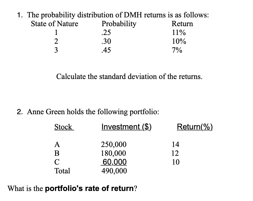 The probability distribution of DMH returns is as follows: Calculate the