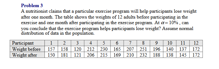  Problem 3 A nutritionist claims that a particular exercise program will