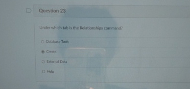  Question 23 Under which tab is the Pelationships command? Databuse Tools
