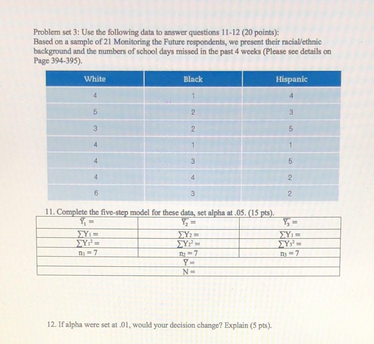  Problem set 3: Use the following data to answer questions 11-12