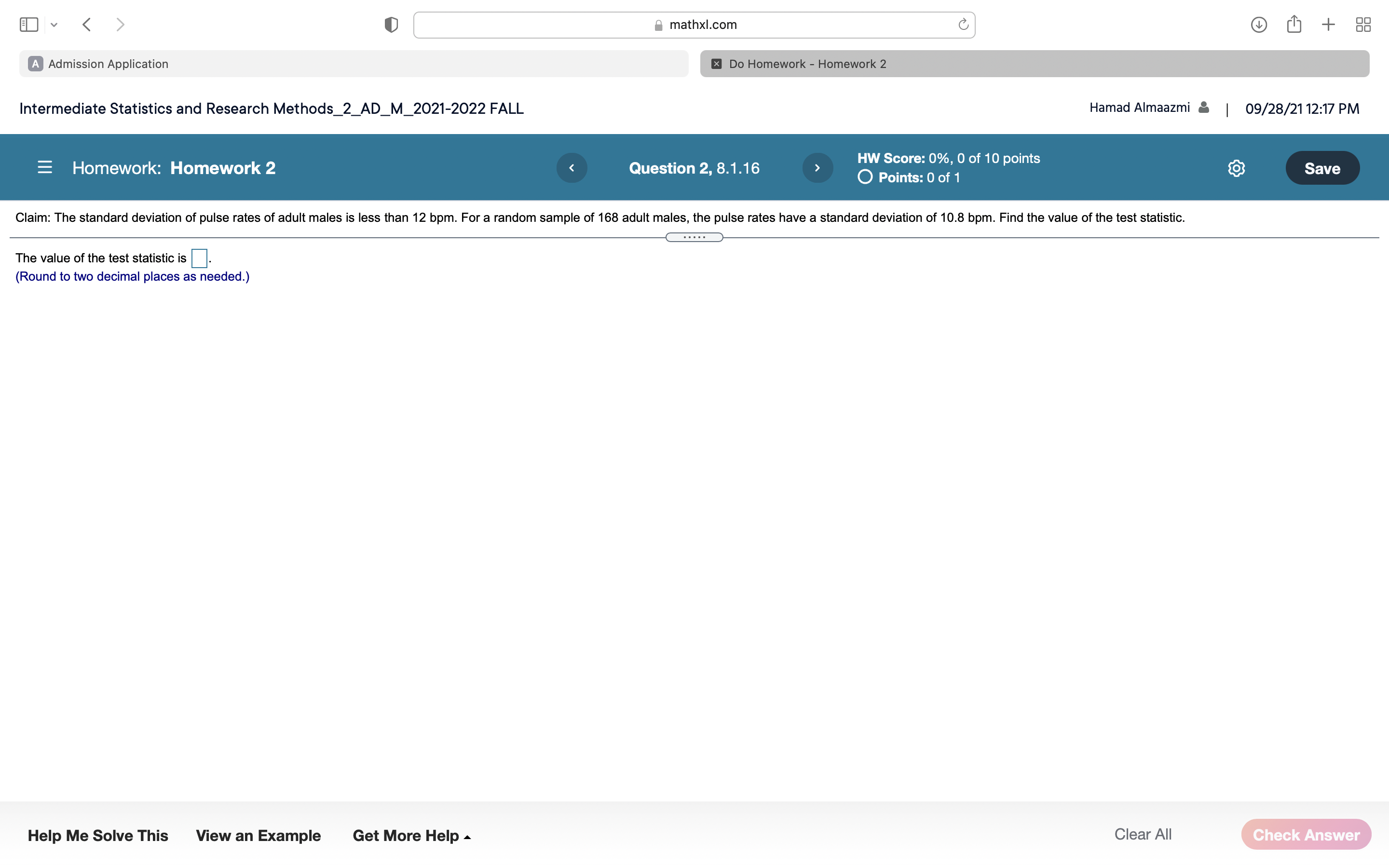 Statistics and Research Methods_2_AD_M_20212022 FALL Hamad Almaalmi 5 | 09/28/2112:17 PM HW