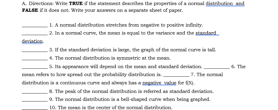 STATISTICS TRUE OR FALSE A. Directions: Write TRUE if the statement describes
