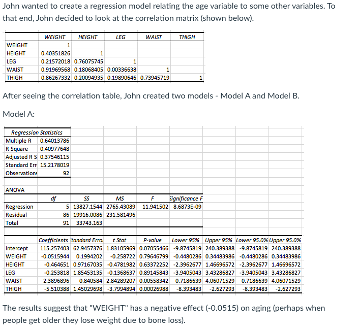  John wanted to create a regression model relating the age variable