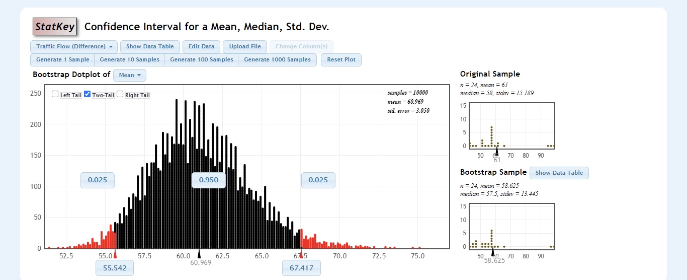  StatKey Confidence Interval for a Mean, Median, Std. Dev. Traffic Flow
