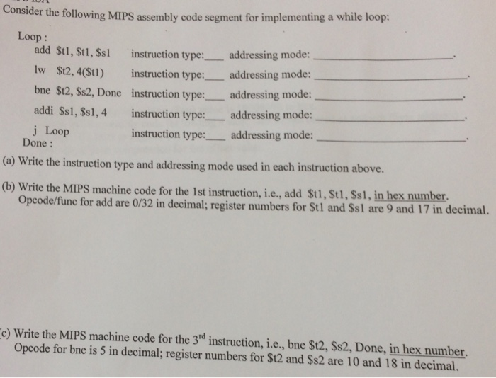  4.) r the following MIPS assembly code segment for implementing a