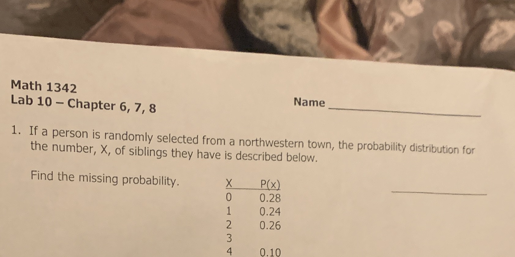 Math 1342 Name Lab 10 - Chapter 6, 7, 8 1.