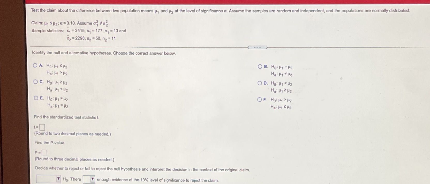  Test the claim about the difference between two population means p,