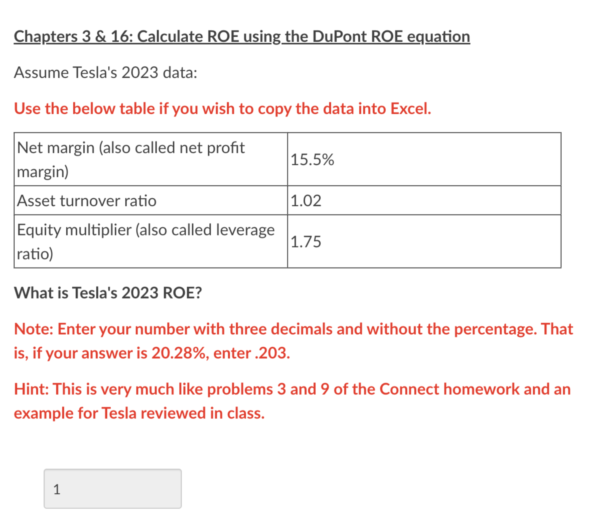  Chapters 3 & 16: Calculate ROE using the DuPont ROE equation