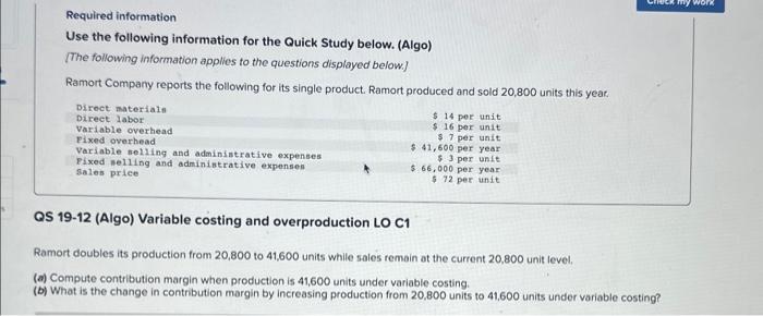  Required information Use the following information for the Quick Study below.