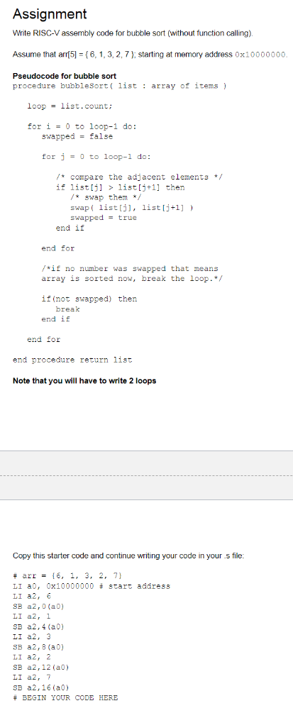  Assignment Write RISC-V assembly code for bubble sort (without function calling).