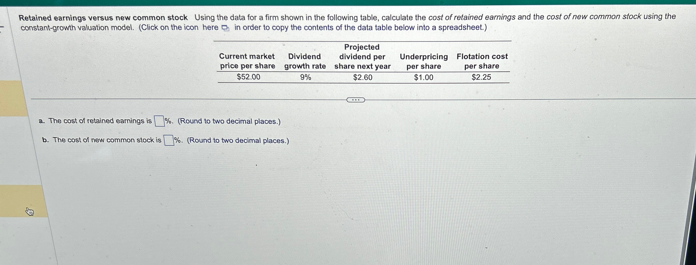  Retained earnings versus new common stock Using the data for a