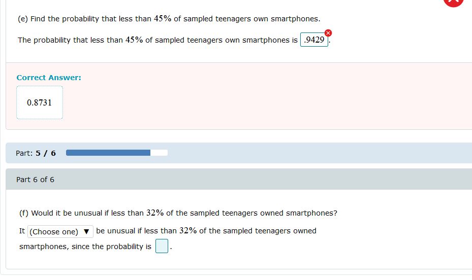 Please explain (e) Find the probability that less than 45% of sampled