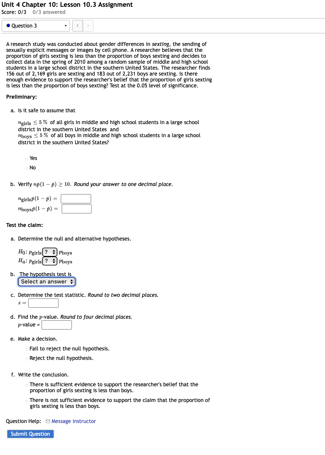 Unit 4 Chapter 10: Lesson 10.3 Assignment Score: 03 013 answered