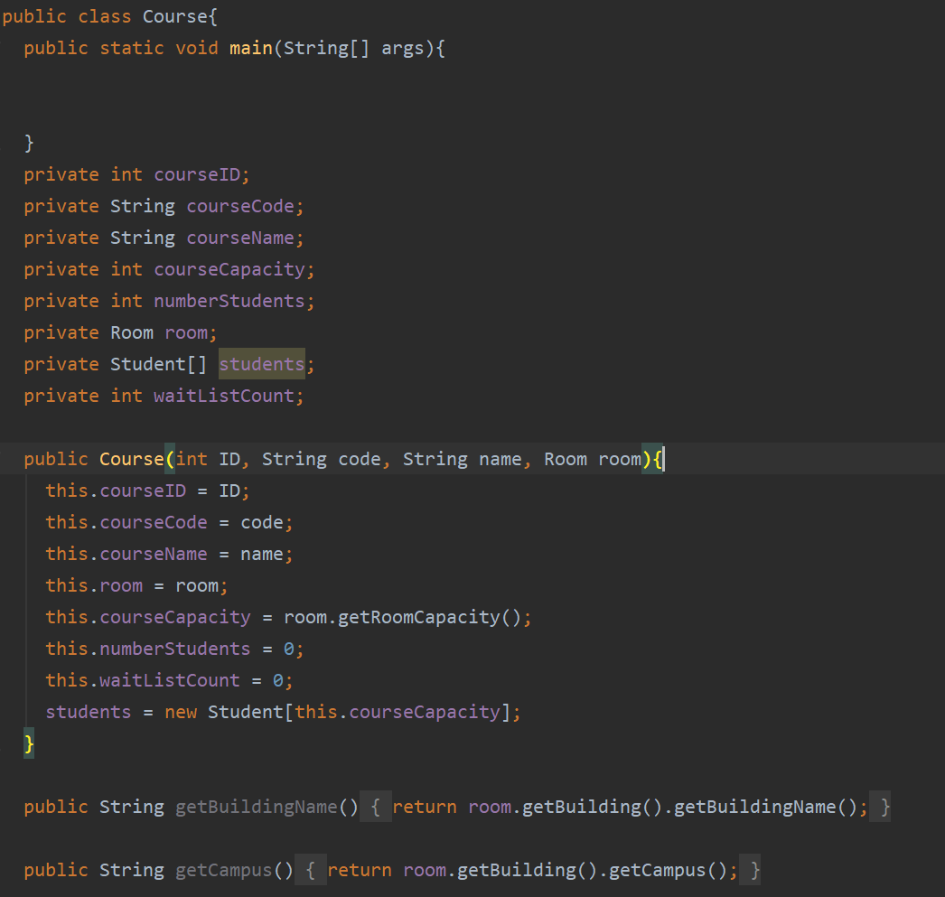 -courseCapacity: int -numberStudents: int -room: Room -students: Student[] -waitListCount: int +Course (ID: