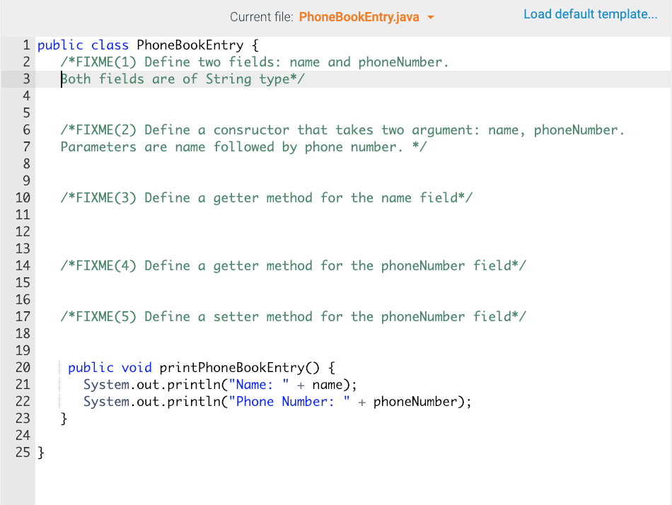 main method (2) Complete the PhoneBookEntry class per the following specifications Private
