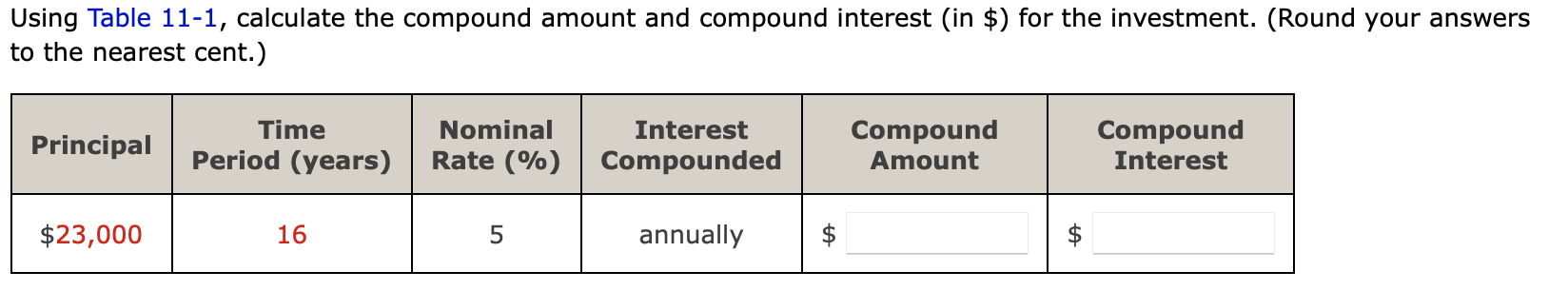  Using Table 11-1, calculate the compound amount and compound interest (in